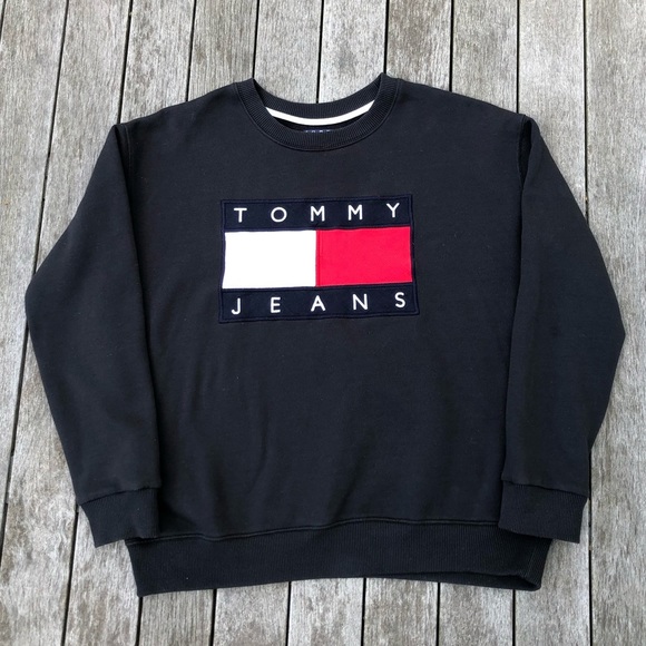 Tommy Hilfiger Tommy Jeans Sweatshirt Crewneck Flag Logo Applique Black Large - Picture 16 of 17